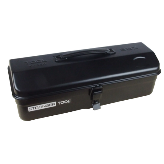 Black tool box with 'Stronger Tool' branding on a wooden surface.