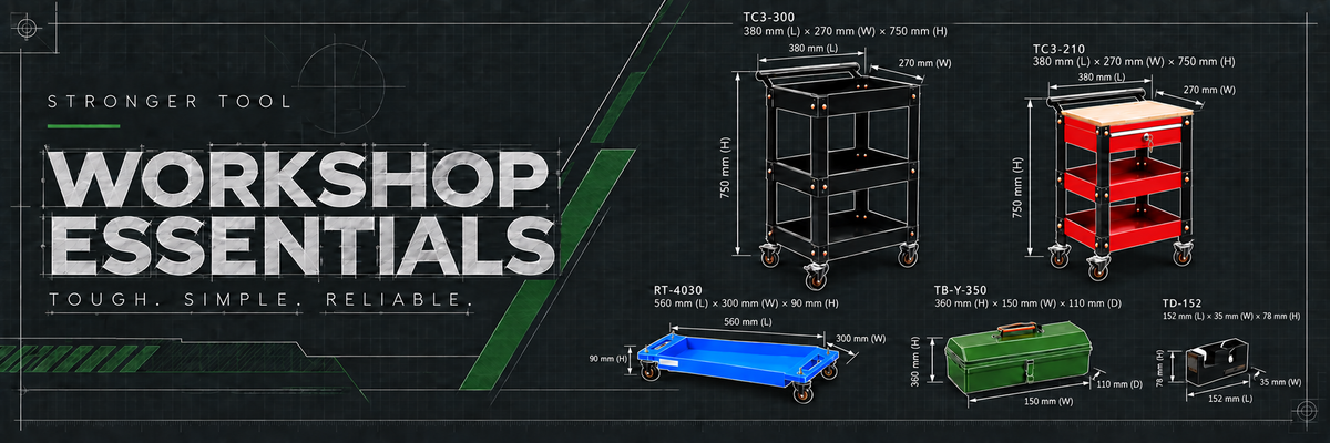 Workshop Essentials tool set promotional graphic on a dark background, showing multiple carts and storage pieces with dimensions and labels